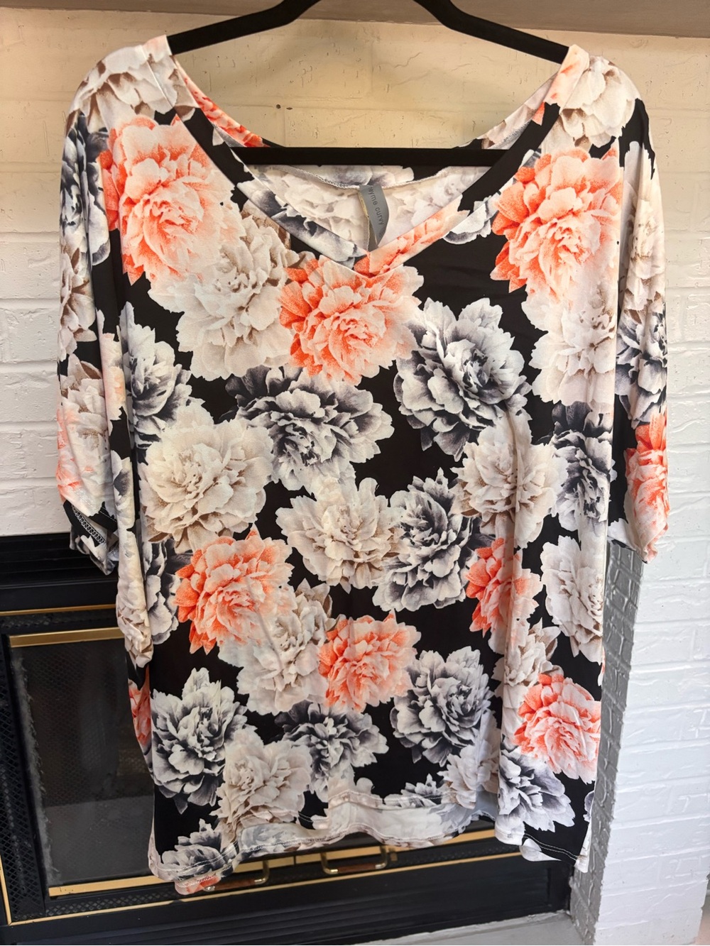 Honey Me Curvy Black Floral Scoop Neck Tunic with Coral and Gray Blooms